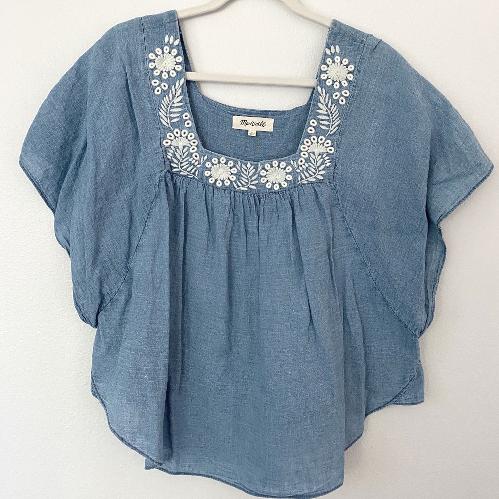Women's Madewell Denim Linen Butterfly Sleeve Embroidered Blouse L